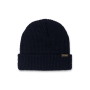 Navy blue colored beanie with a tan Filson logo against a white background. 