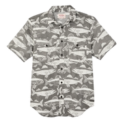 Short-sleeve shirt with fish pattern on a white background