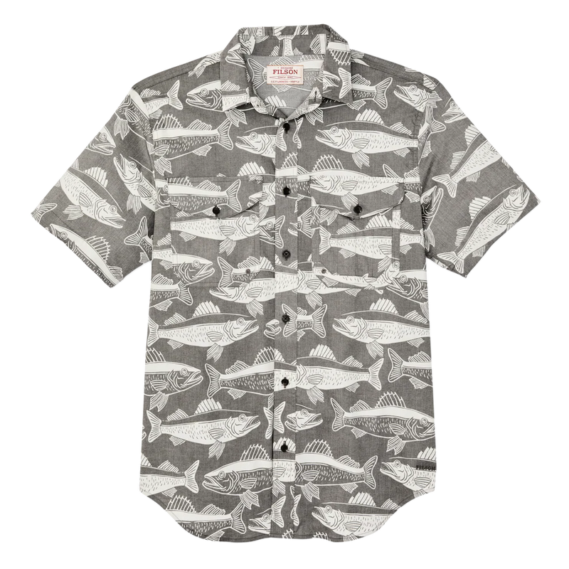 Short-sleeve shirt with fish pattern on a white background