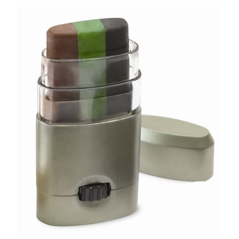A compact metal container with a clear lid and a three-color stick bar featuring brown, green, and black sections, shown with its cap off on a white background.