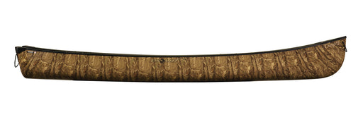 Side view of a camouflage patterned canoe against a white background. 