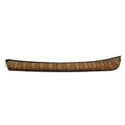 Side view of a light brown camouflage canoe on a white background.