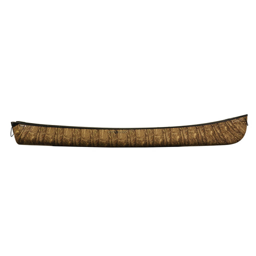Side view of a light brown camouflage canoe on a white background.