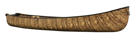 Side view of a camouflage patterned canoe against a white background. 