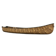 Side view of a light brown camouflage pattern canoe on a white background.