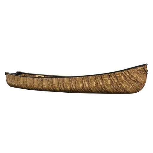Side view of a light brown camouflage pattern canoe on a white background.