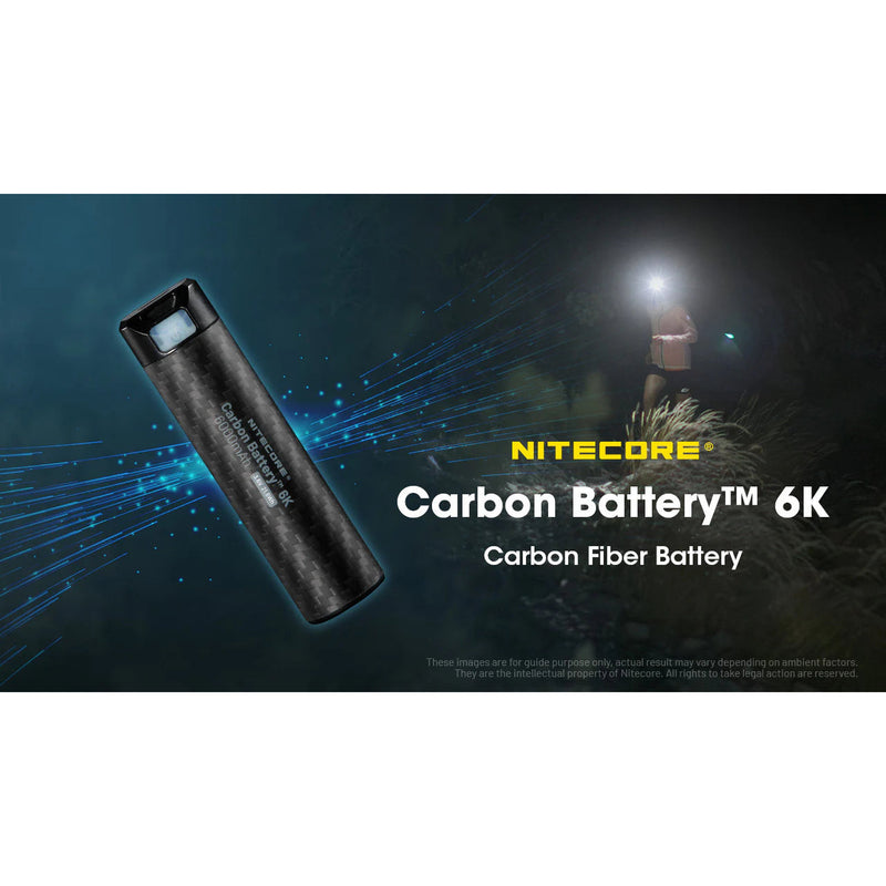 A Nitecore Carbon Battery 6K carbon fiber flashlight battery shown at an angle against a dark outdoor night scene with a faint figure holding a light source, plus large product text reading 'NITECORE Carbon Battery 6K' and 'Carbon Fiber Battery'.