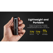 A hand holds a slim black carbon-fiber-textured vape device against a dark background, with text on the right reading 'Lightweight and Portable' and weight details.