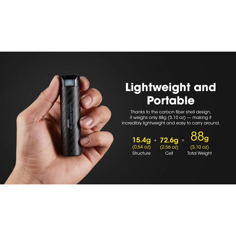 A hand holds a slim black carbon-fiber-textured vape device against a dark background, with text on the right reading 'Lightweight and Portable' and weight details.