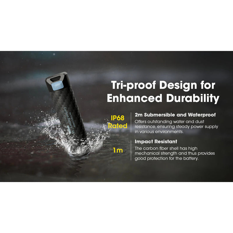 A black carbon fiber waterproof battery case shown partially submerged in dark water, with marketing text on the right describing tri-proof design, IP68 rating, and impact resistance.