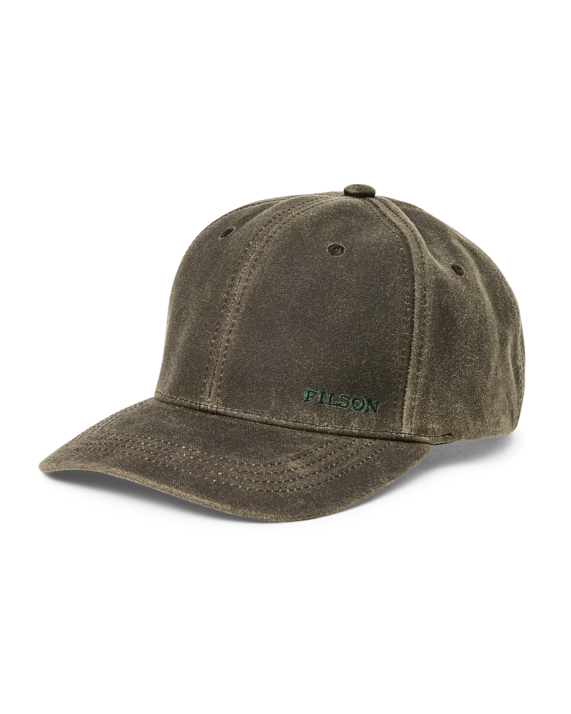 Dark green baseball cap featuring a teal Filson logo against a white background.