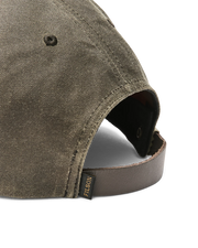 Close up back view of a dark green baseball cap featuring a Filson logo against a white background.