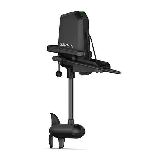 Black trolling motor with steer foot pedals against a white background. 