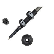 The bottom of a black and gray hiking pole on a white background