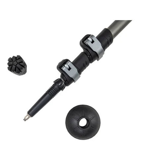 The bottom of a black and gray hiking pole on a white background