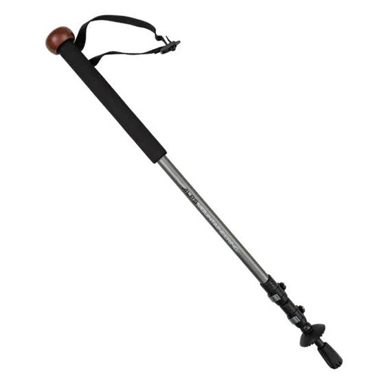 A black and gray hiking pole on a white background