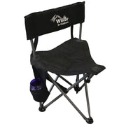 Black folding chair with Wilcor logo on a white background