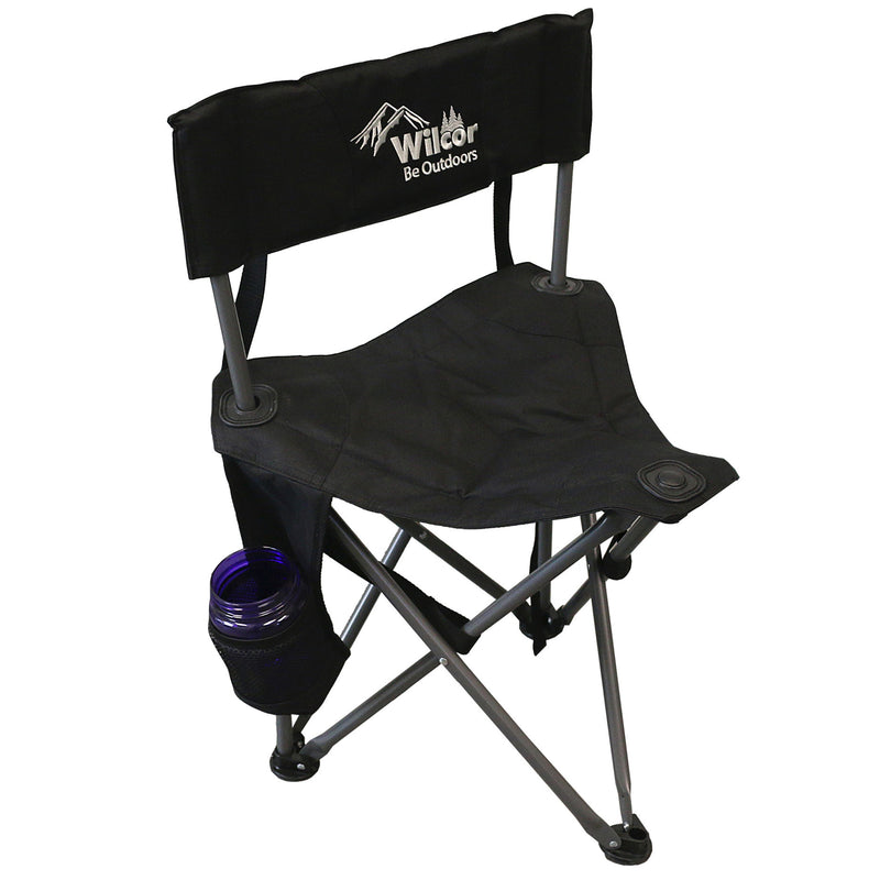 Black folding chair with Wilcor logo on a white background