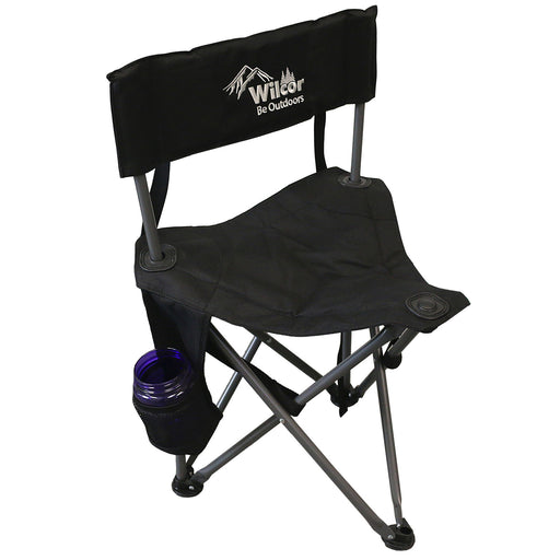 Black folding chair with Wilcor logo on a white background