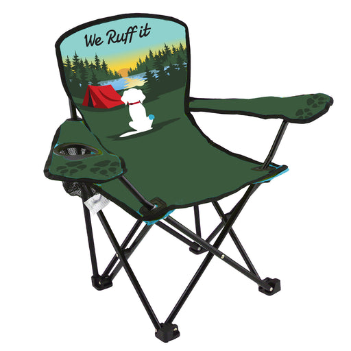 Green camping chair with a dog-themed design on a white background
