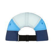 Back view of a colorblock 5-panel baseball cap with a white top panel, light blue and medium blue side panels, a dark navy lower band, and an adjustable black strap.