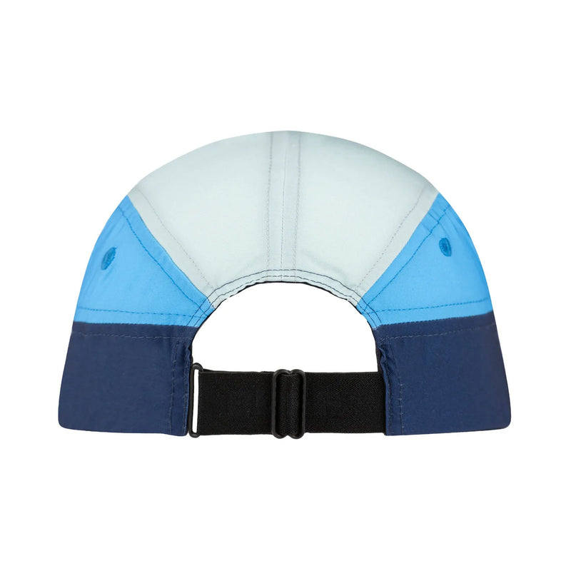 Back view of a colorblock 5-panel baseball cap with a white top panel, light blue and medium blue side panels, a dark navy lower band, and an adjustable black strap.