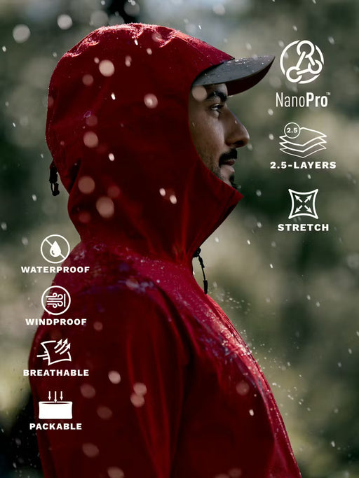 Person wearing a red raincoat with feature icons on a blurred natural background