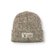 White beanie with black accents featuring a Filson logo against a white background. 