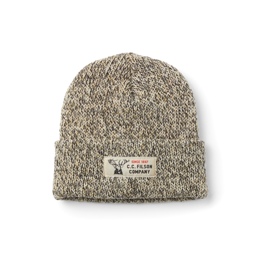 White beanie with black accents featuring a Filson logo against a white background. 