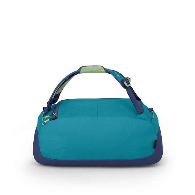 Blue duffel bag with green accents on a white background