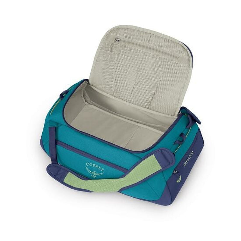 Open teal and navy duffel bag with Osprey logo on a white background