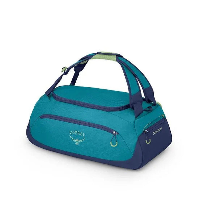 Teal duffel bag with Osprey logo on a white background