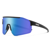 A pair of black glasses with blue lenses on a white background