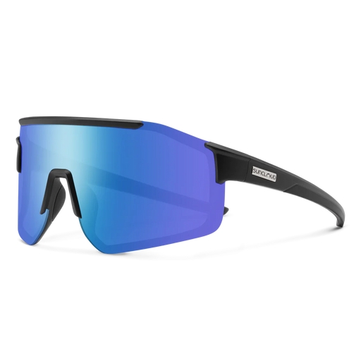 A pair of black glasses with blue lenses on a white background