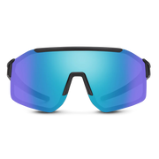 The front of a pair of black glasses with blue lenses on a white background