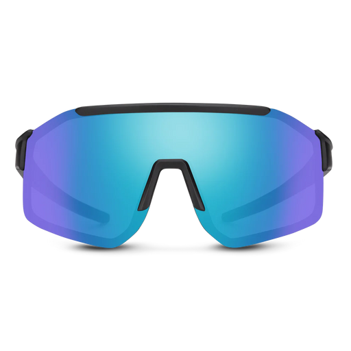 The front of a pair of black glasses with blue lenses on a white background