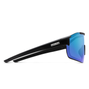 The side view of a pair of black glasses with blue lenses on a white background