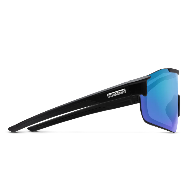 The side view of a pair of black glasses with blue lenses on a white background