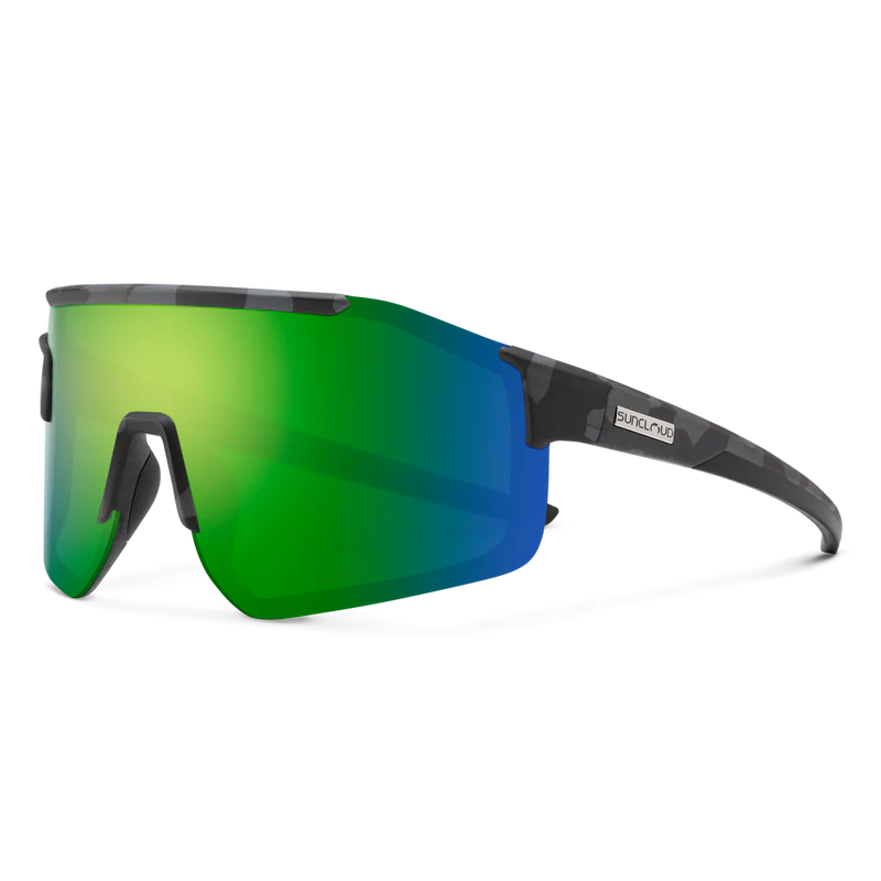 A pair of gray camo patterned glasses with green lenses on a white background