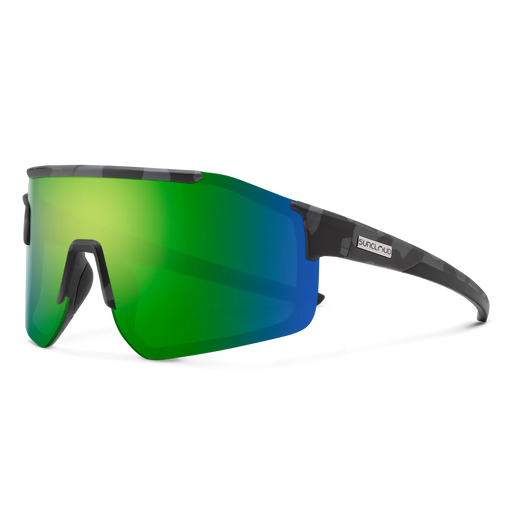 A pair of gray camo patterned glasses with green lenses on a white background