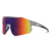 A pair of gray glasses with multicolored lenses on a white background