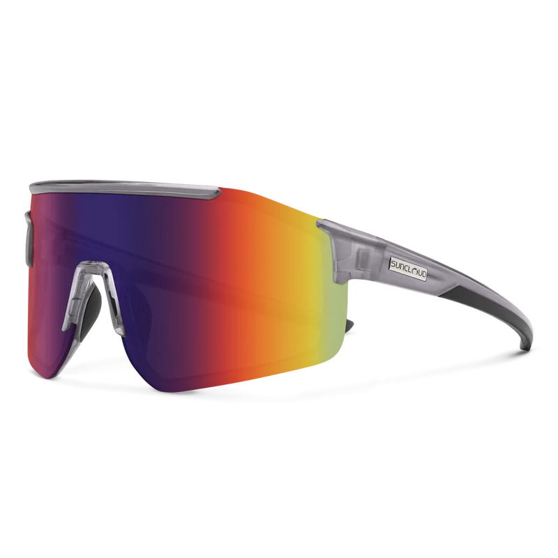 A pair of gray glasses with multicolored lenses on a white background