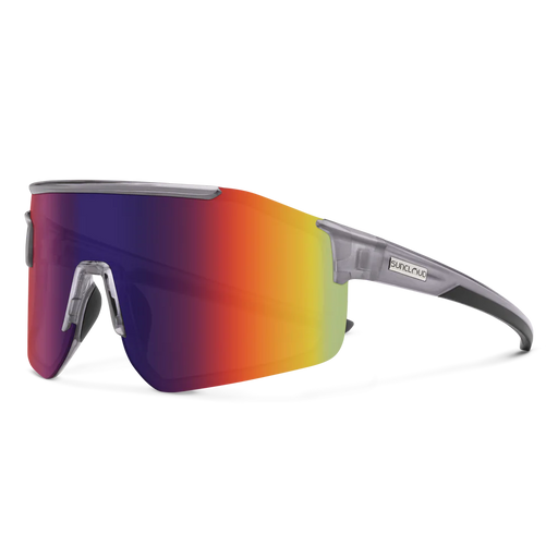 A pair of gray glasses with multicolored lenses on a white background