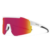 A pair of white sunglasses with red lenses on a white background