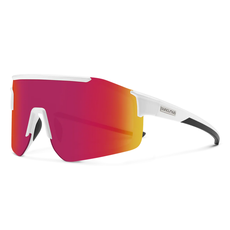 A pair of white sunglasses with red lenses on a white background