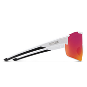The side view of a pair of white glasses with red lenses on a white background