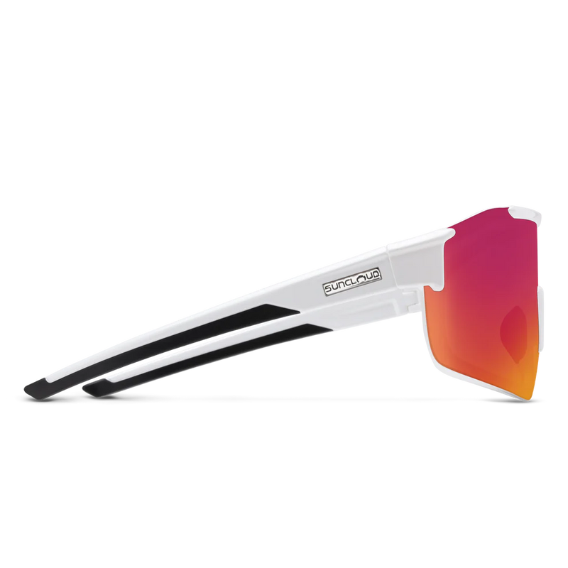 The side view of a pair of white glasses with red lenses on a white background
