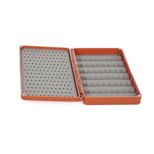An open orange fly box with a gray interior on a white background