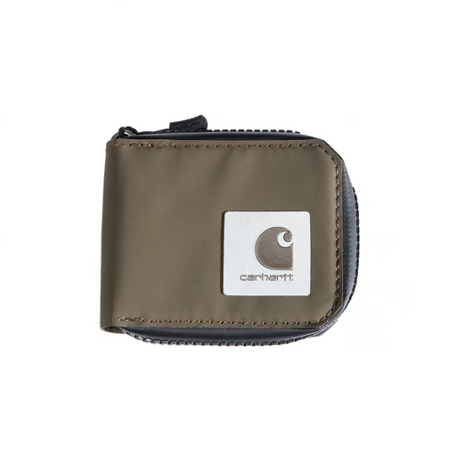 A brown wallet with the Carhartt logo on it on a white background