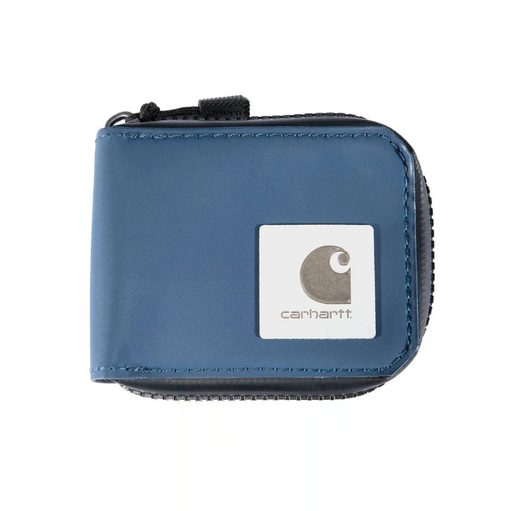 A blue wallet with the Carhartt logo on it on a white background